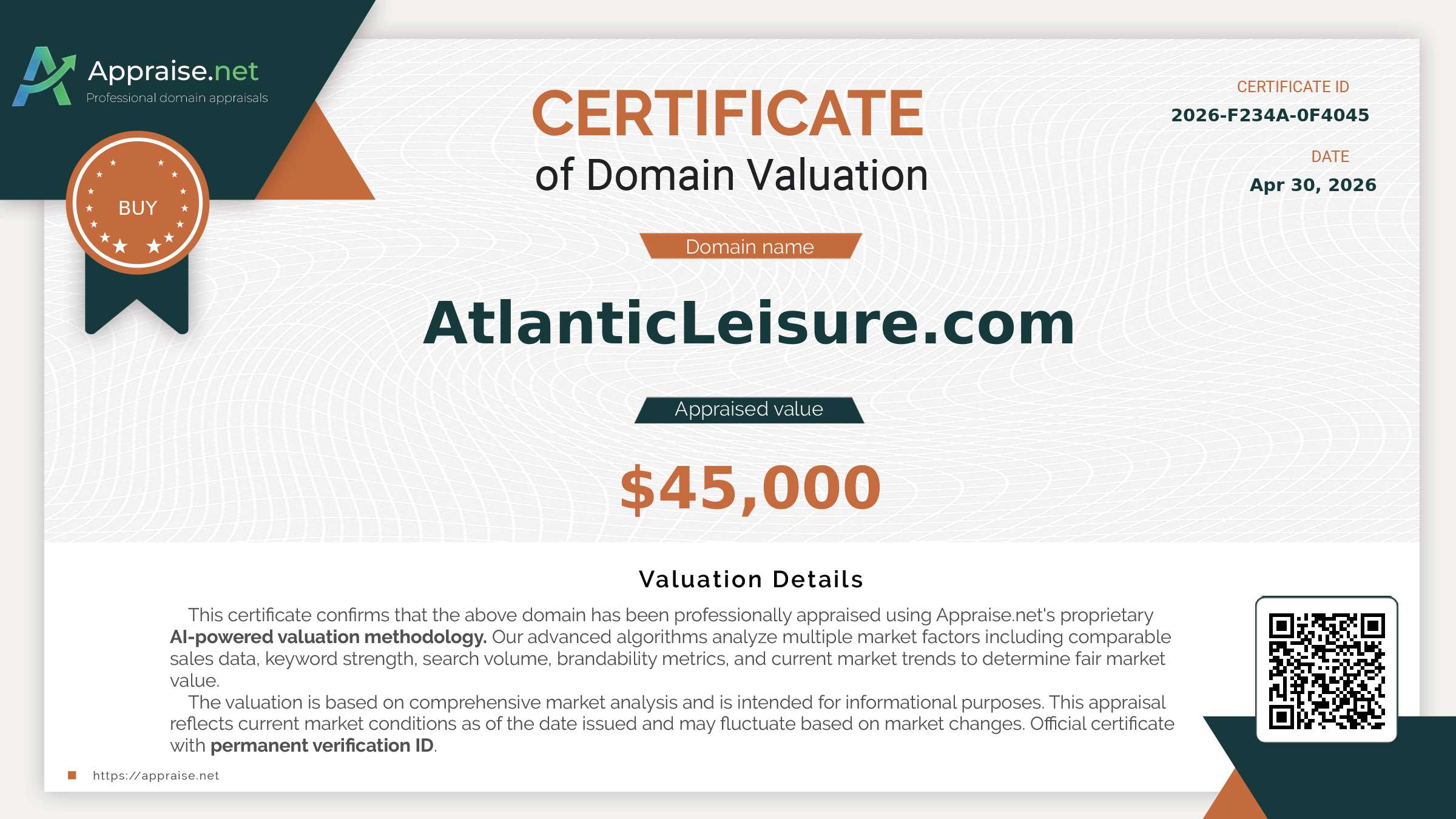 Independent third-party appraisal certificate for the domain AtlanticLeisure.com